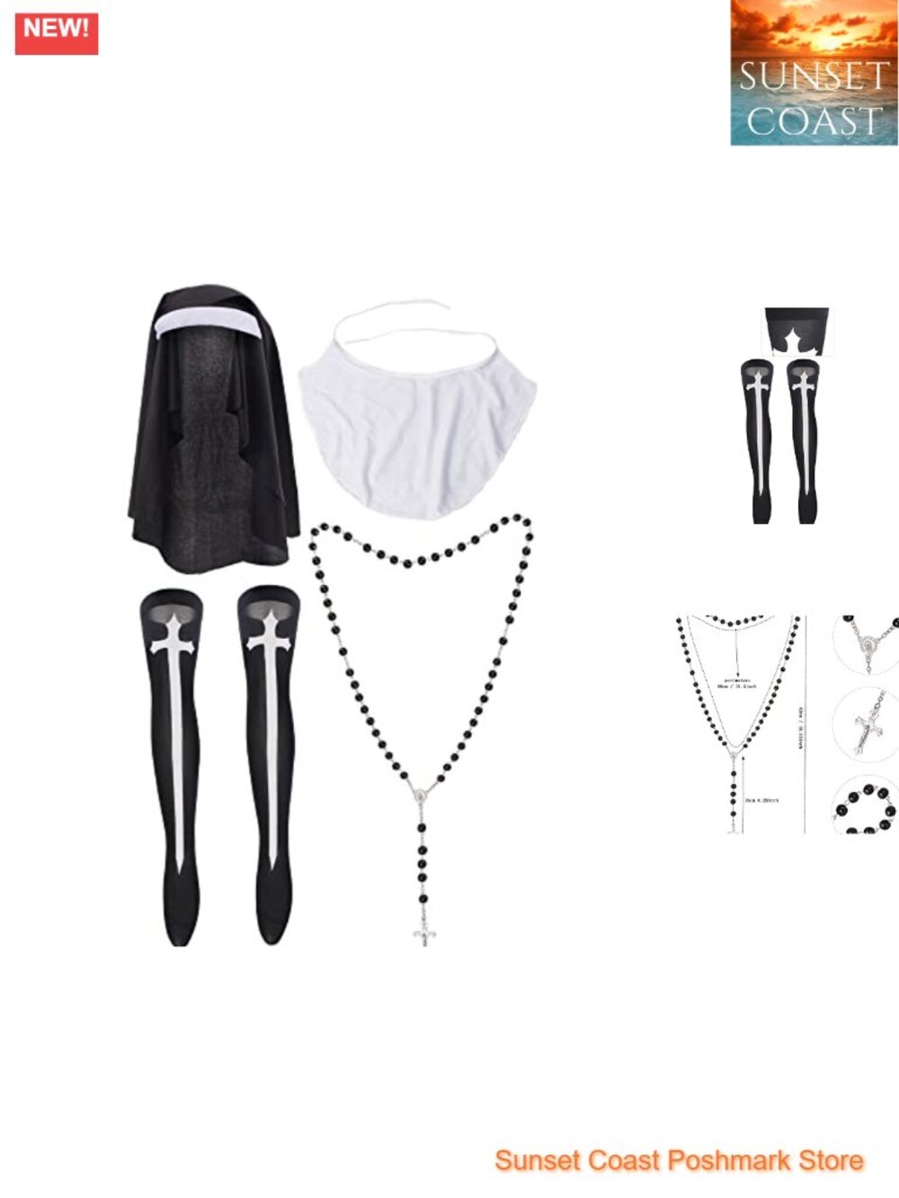 Nun Costume Accessory Set Hat, Collar, Cross Necklace, Stockings